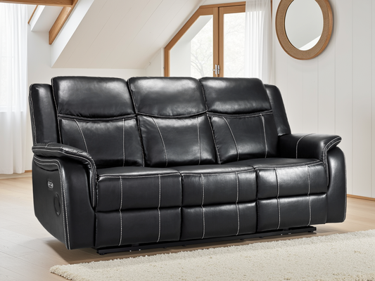 Galaxy Tech Electric Recliner 3 Seater Black Leather