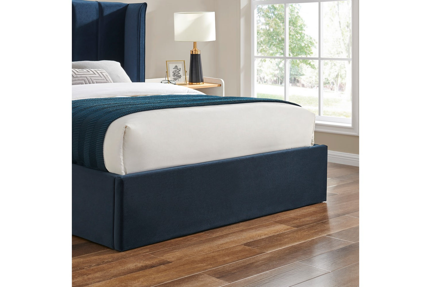 Polaris Bed Frame Double Navy Blue Ottoman Storage