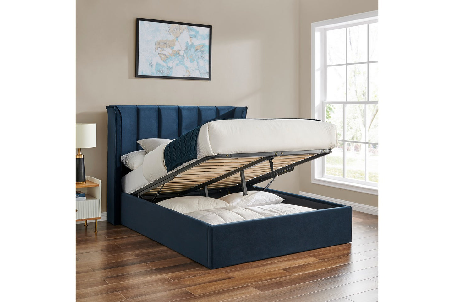 Polaris Bed Frame Double Navy Blue Ottoman Storage