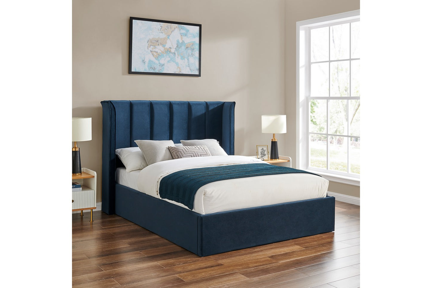 Polaris Bed Frame Double Navy Blue Ottoman Storage