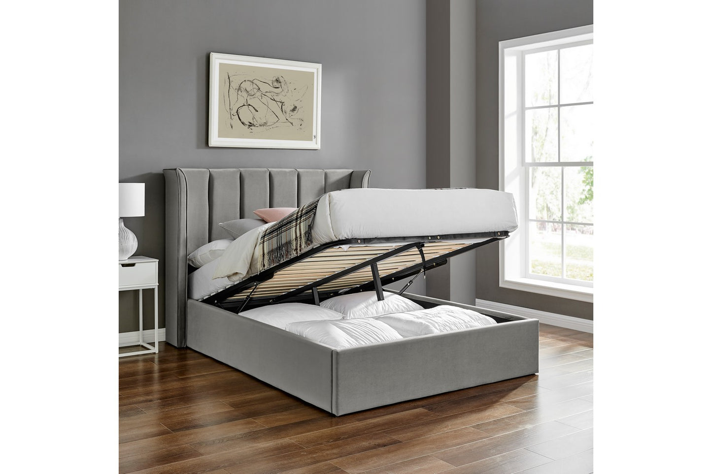 Polaris Bed Frame Double Silver Ottoman Storage