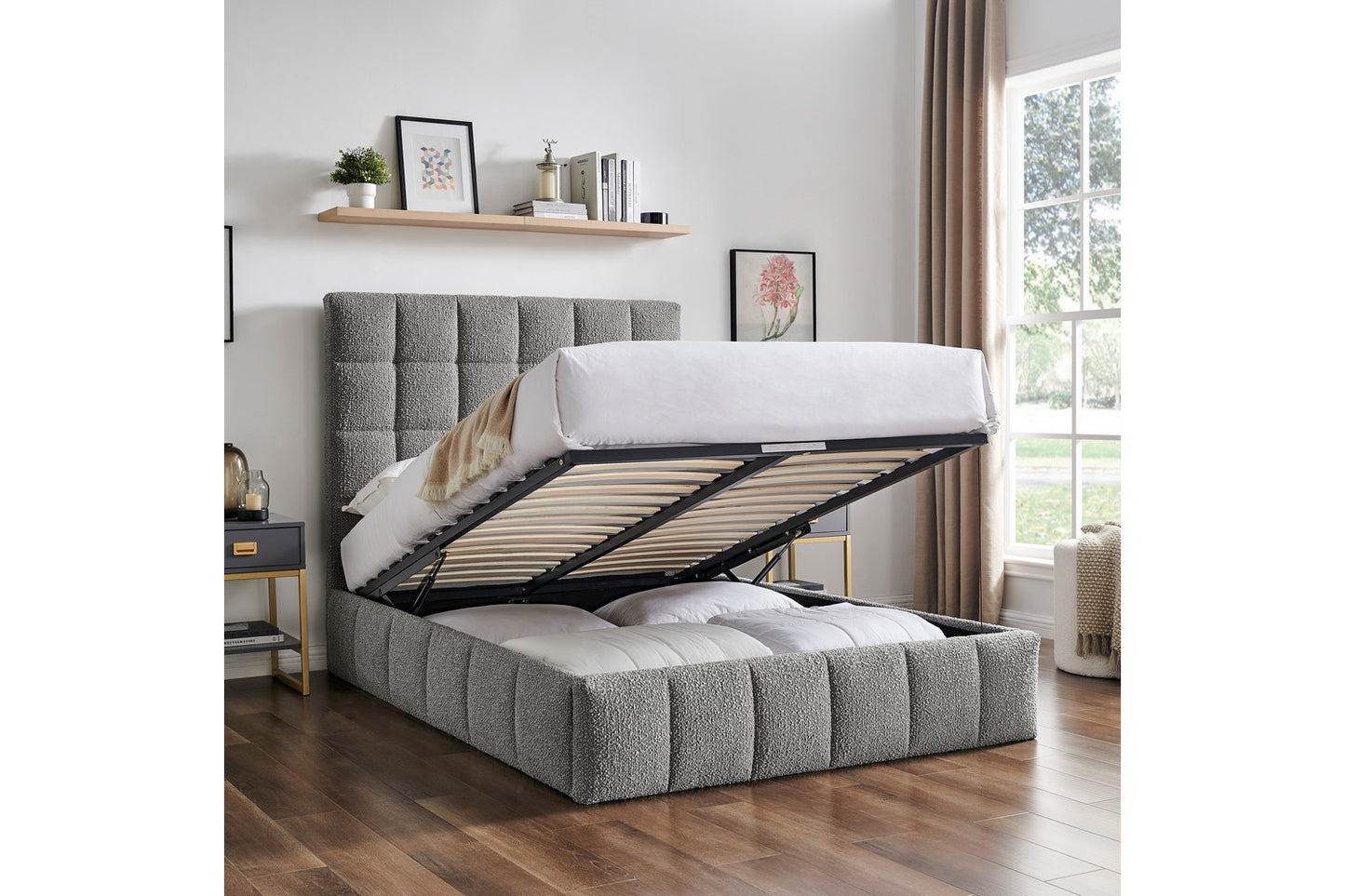 Starla Square Bed Frame Double Boucle Grey Ottoman Storage