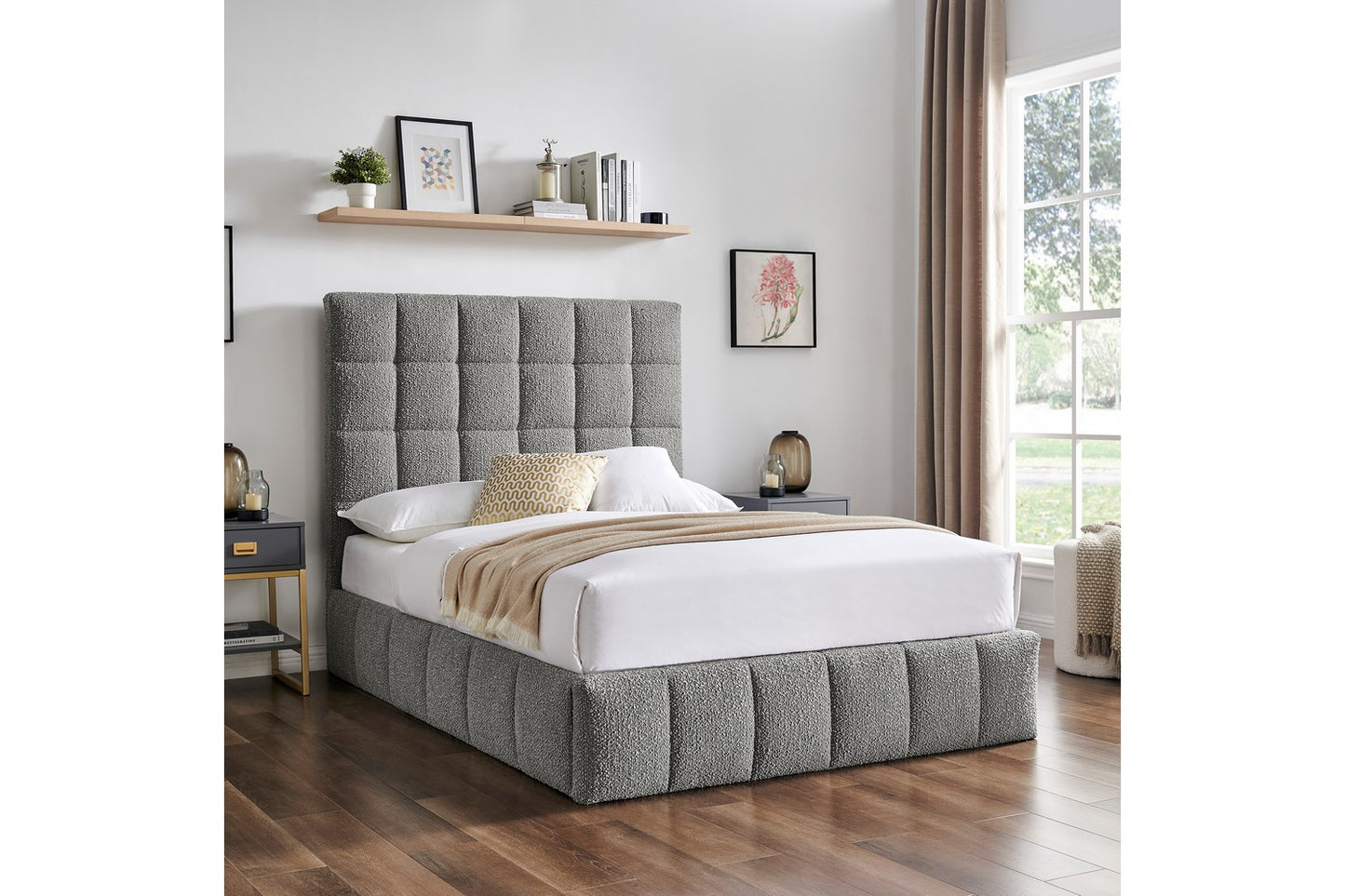 Starla Square Bed Frame Double Boucle Grey Ottoman Storage