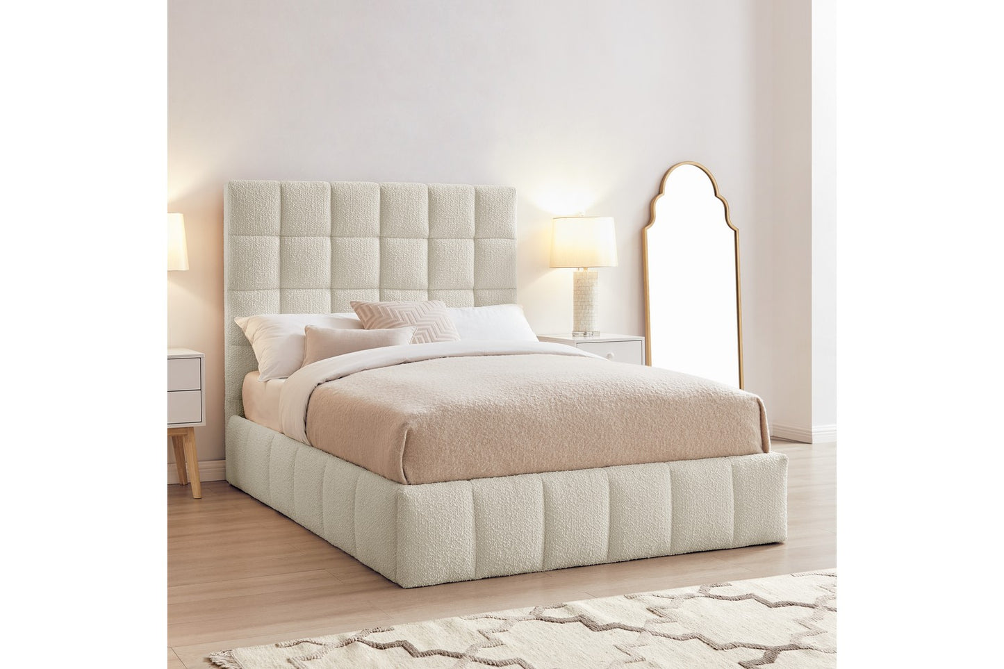 Starla Square Bed Frame Double Boucle Ivory Ottoman Storage