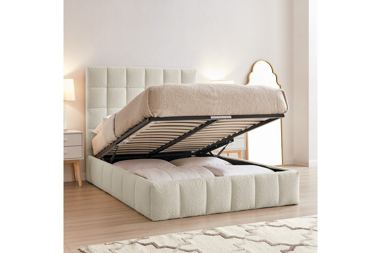 Starla Square Bed Frame King Boucle Ivory Ottoman Storage